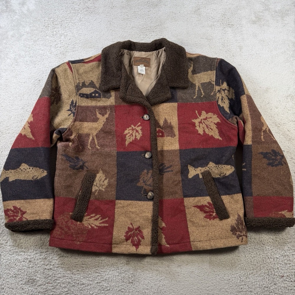 Pendleton Blanket Coat Womens Large Wool Deer Cabin Fish Lined Made In USA Fall